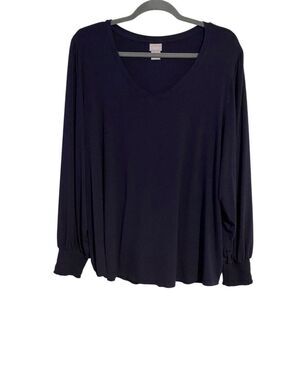 Chicos 4 Women's XXL Navy V-Neck Long Puff Sleeve Knit Top Elastic Cuffs Preppy
